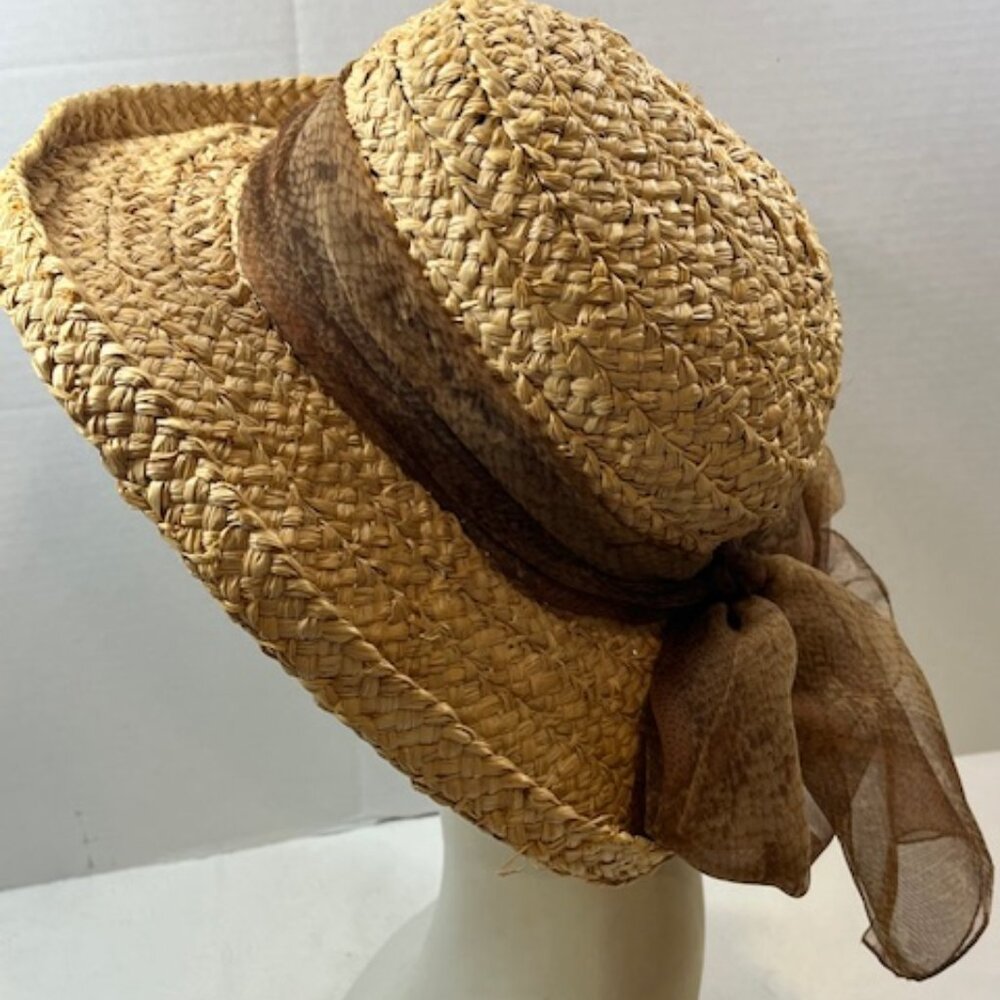 Natural Crochet Raffia Straw Sun Wide Brim Hat w/Brown Scarf Bow 20"